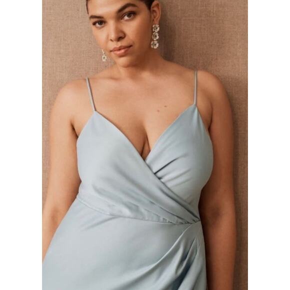 Anthropologie BHLDN Women Satin Freya Maxi Dress Size 14 Light Blue Side Slit - Picture 2 of 16